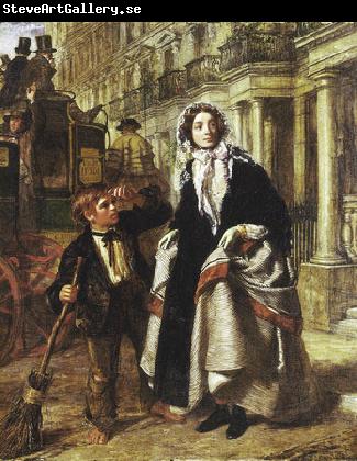 William Powell Frith Lady waiting to cross a street, with a little boy crossing-sweeper begging for money.